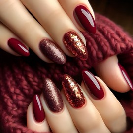 IMRAIN Red Press on Nails Medium Almond Fake Nails with Glitter Design Glossy Gold Sequins False Nails Solid Color Glue on Nails Full Cover Burgundy Artificial Stick on Nails for Women Girls