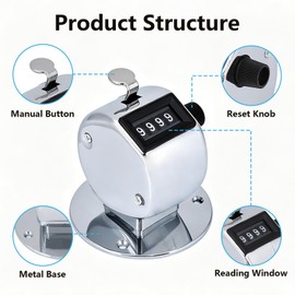 HilBeliFU 5Pcs Clicker Counter Set, 4 Digit Hand Counter Clicker with Loop, Metal Hand Tally Counter with Round Base for Sports, Events, Game, Scores, Golf, Silver