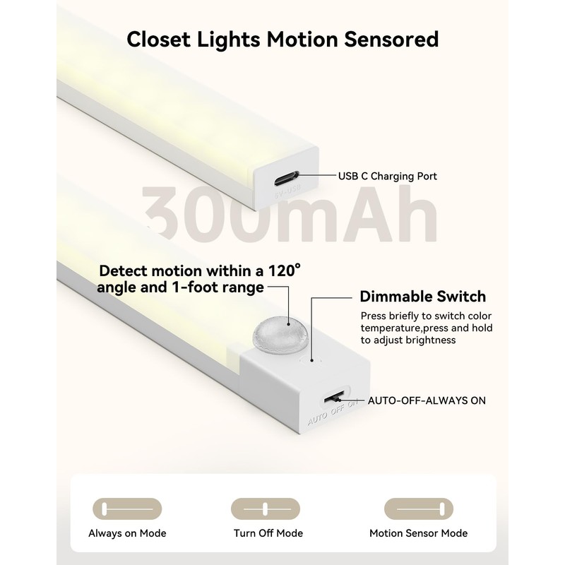 Rihvy Under Cabinet Lighting 8 Inches Rechargeable Motion Sensor Light