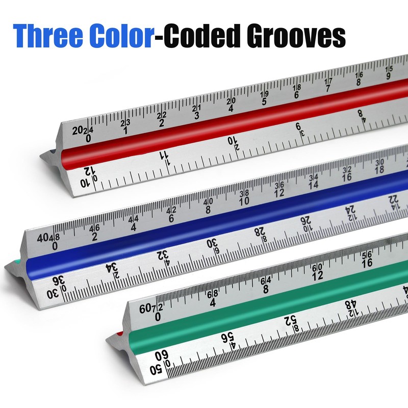 Kyuionty Engineer Scale Ruler 12 Inch, Aluminum Laser-Etched Triangular Drafting
