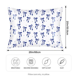 Blue Ribbon Bow Satin Pillowcase for Hair and Skin,Throw Pillow Cover 20"x26" Silk Pillowcases Envelope Closure,White Navy Blue Pillow Covers Decorative Cushion Cases Standard Pillow Case for Bedroom