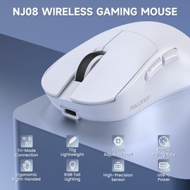 AJAZZ NJ08 Wireless Gaming Mouse 70g Lightweight, 12800 DPI, RGB Strip, 3-Mode Connection 2.4G/Bluetooth/Wired, 1000Hz Polling Rate, Ergonomic Right-Handed Design for PC, Mac, Windows, Laptop (White)