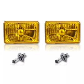 OCTANE LIGHTING 4X6 Crystal Yellow Glass Lens Metal Headlight H4 Halogen Light Bulb Lamp Pair