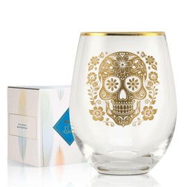 Onebttl Sugar Skull Gifts, Day of the Dead Gifts, 17 oz Stemless Wine Glass with Foil Stamping Pattern