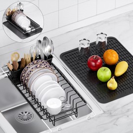 Kochwert Dish Drying Rack, Space-Saving Small Dish Drainers for Kitchen Sink and Counter, Expandable Stainless Steel Dish Dryer Rack with a Removable Cutlery Holder for Motor Home, Black 14''-25''