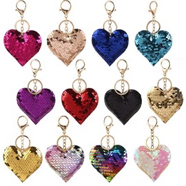 BetterJonny 12 Pcs Colored Heart Pom Pom Keychain, 3.15 inch Multicolor Sparkly Sequins Heart Shaped Keychains Flip Sequins Key Ring Charm for DIY keychain Women Pendant Accessories