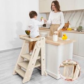 Forbena Collapsible Montessori Learning Standing Tower for Toddlers, Foldable Toddler Kitchen Stool Helper, Adjustable Plastic Kids Children Stepping Stool for Counter Bathroom Sink (Apricot)
