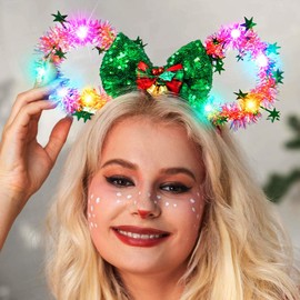 Christmas Mouse Ears Headband Light up Headbands Shiny Mouse Ears Bow Hair Band Hair Accessories for Women and Girls (Red, One Size)