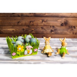 HEITMANN DECO 1014255 - Rabbit - Polyresin - Set of 2 - Sitting - Easter Decoration - Brown/Green/Yellow - Approx. 8 x 7.5 x 10 cm