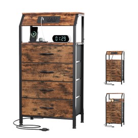 CAIYUN Nightstand with Charging Station, Nightstand with 4 Drawers, 4 Drawers Dresser for Bedroom, Tall & Small Dresser with 2-Tier Storage Shelf, Bedside Table End Table for Living Room, Rustic Brown