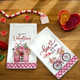 ARKENY Valentines Day Kitchen Towels Set of 2,Pink Flower Vase Happy Valentine's Sign Dish Towels 18x26 Inch Drying Dishcloth,Farmhouse Home Wedding Decoration AD168