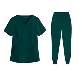 Meichoon Medical Uniform Set Short-Sleeved Top with Pockets Tapered Pants Lightly Elastic Naturally Soft for Men and Women DK06 Dark Green XX-Large