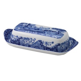 Spode Blue Italian Butter Dish, Fine Porcelain Covered Butter Holder with Countryside Scene & Oriental Border, Collectible Blue & White Tableware - 8" x 4" Decorative Kitchen Server, Oven Safe