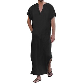 YAOHUOLE Men's V-Neck Kaftan with Side Split, Short Sleeve Cotton Robe with Pockets, 01 black, l