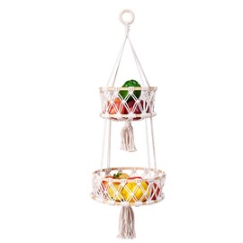 Jilskl Fruit Hanging Basket, Vegetable Basket, 2 Tier Hanging Fruit Basket, Braided Hanging Baskets, Handmade Basket Hanging Kitchen, Boho Hanging Baskets, Suitable for Kitchen, Living Room, Bathroom