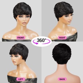 INSTANT FAB Short Human Hair Wigs Pixie Cut Wigs with Feathered Side Bangs for Black Women Short Cut Pixie Hairstyles Wig Tapered Back Non Lace Front Wigs - Pearl (NATURAL)