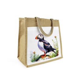 Puffin Jute Shopping Bag - Coastal Sea Birds Gift - Eco Friendly Reusable Shopper Bag with Front Pocket Present/Gift