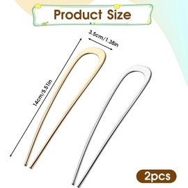 2Pcs Metal French Hair Pin U-Shaped Large Hair Pins 2 Prong Hair Fork French Twist Stick for Women(Silver&Gold)