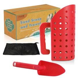 VIKOS Products Sand Scoop and Shovel for Metal Detecting, Beach Sand Sifter Digging Tools for Kids & Adults, Treasure Hunting Accessories with Mesh Bag, Durable Plastic Detector Scoop and Trowel – Red
