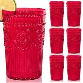 Ciaell 12 Pack Romantic Plastic Water Glasses - 14 Oz Red Vintage Drinking Glasses, Embossed Ribbed Plastic Cups, Textured Striped Set for Juice, Beverages, Beer, Cocktail