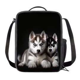 Sannovo Cute Husky Crossbody Lunch Bag for Kids, Insulating Thermal Container Food Carrier Bag, Durable Lightweight Tote Lunch Bag for School Travel Work, Black