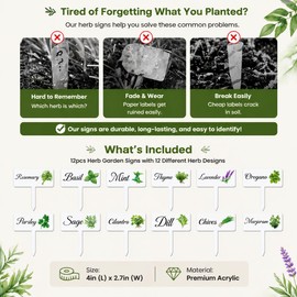 HIENAJ 12Pcs Herb Garden Signs - 12 Styles Plant Labels for Outdoor Acrylic Markers - Waterproof Reusable Stakes Tags With Names for Vegetables Indoor Outdoor Decoration