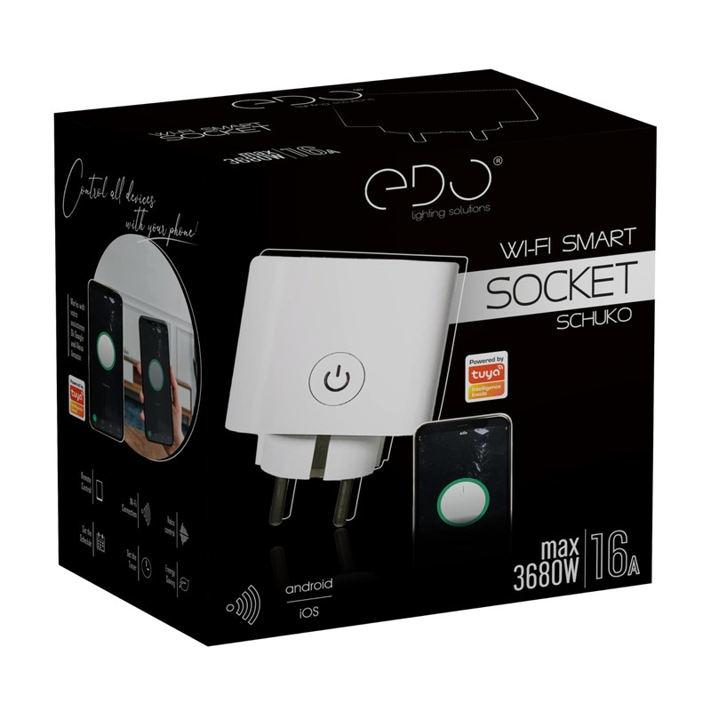 EDO, WiFi Schuko-Steckdose mit Tuya Energiemonitor, 16A 3680W, Smarte Steckdose,