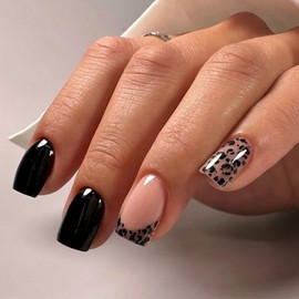 Leopard Press on Nails Short Square Black Fake Nails Short French Tip False Nails with Leopard Designs Acrylic Nails Spring Glue on Nails Glossy Artificial Nails Stick on Nails for Women