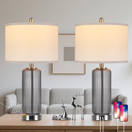 Table Lamps Set of 2 with Touch Control, 3-Way Dimmable Nightstand Lamp with Vertical Grained Glass, Grey Bedside Table Lamps, 27" Modern Glass Bedside Lamps with USB A+C Ports, Desk Lamp for Bedroom