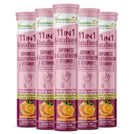 Vitaminnica Gluta Boost 11-in-1 Effervescent Tablets with Japanese L-Glutathione, Collagen, & Hyaluronic Acid | Skin Radiance & Beauty Supplement | 15 Tablets (Pack of 5, Orange)