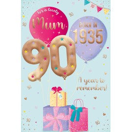 IC&G 2025 Mum 90th Birthday Card - Happy Birthday Year You Were Born Card For Women with Born in 1935 Balloons and Stars Design and Special Finishes
