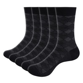 YUEDGE Mens Basic Argyle Black Casual Business Dress Socks For Men 6-10, Mid Calf Everyday Work Breathable Cotton Socks, Multipack, 5 Pairs