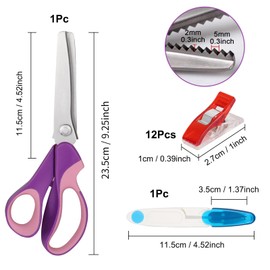 Pinking Shears Set for Fabric Cutting, 9.4Inch Zig Zag Seeing Scissors, Professional Dressmaking Scissors with Thread Snips and 12 Clips, Embroidery Scissor for Leather Fabrics Paper