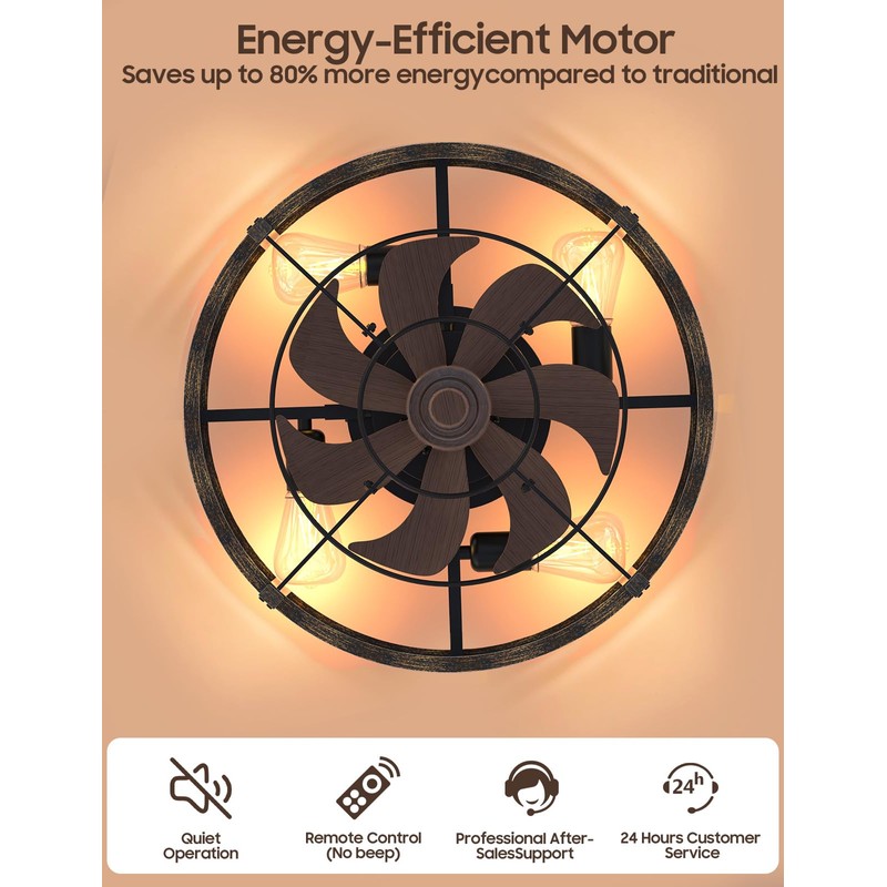 Caged Ceiling Fan with Light and Remote, 20" Low Profile