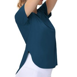 THE GYM PEOPLE Women's Workout T-Shirts Loose Fit Short Sleeve Cotton Running Basic Tee Tops with Split Hem Dark Blue Green