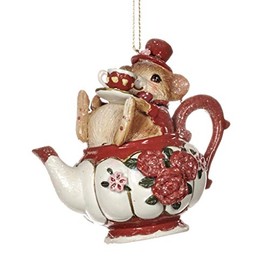 Goodwill: Red & White Resin Mouse in Teapot Ornament 8.5cm
