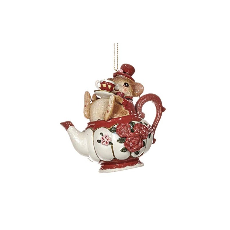 Goodwill: Red & White Resin Mouse in Teapot Ornament 8.5cm