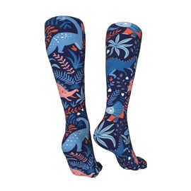 MEVHUB Dinosaurs Tropical Leaves Flowers Knee High Kids Soccer Socks Youth Girls Boys, Novelty Funny Long Kids Compression Socks, Crazy Tube Socks for Softball Baseball Running Dancing Gifts 19.8in