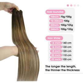 YoungSee 100G 14Inch Weft Hair Extensions Balayage Brown Human Hair Weft Extensions Dark Brown Base with Medium Ash Blonde and Light Blonde Highlight Soft Sew in Hair Extensions Real Human Hair