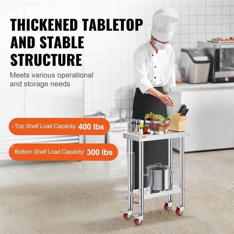 Vevor Stainless Steel Work Table with Wheels 24 x 12