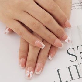 MOTIBACK Press on Nails - 24Pcs Short Square False Nails with 3D Bow, Reusable Stick on Nails for Women (White French Edge & 3D Butterfly)