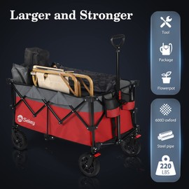 Sekey Collapsible Foldable Wagon with 220lbs Weight Capacity, Heavy Duty Folding Utility Garden Cart with Big All-Terrain Beach Wheels & Drink Holders.Red&Grey