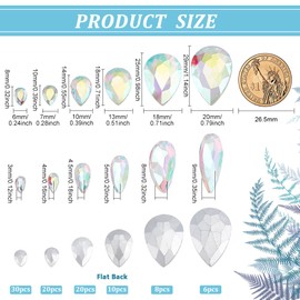 FINGERINSPIRE 94 Pcs Pointed Back Rhinestone 6 Sizes Glass Rhinestones Gems Clear AB Color Teardrop Jewels Embelishments with Silver Plated Back Crystals Stones for Jewelry Making Decor