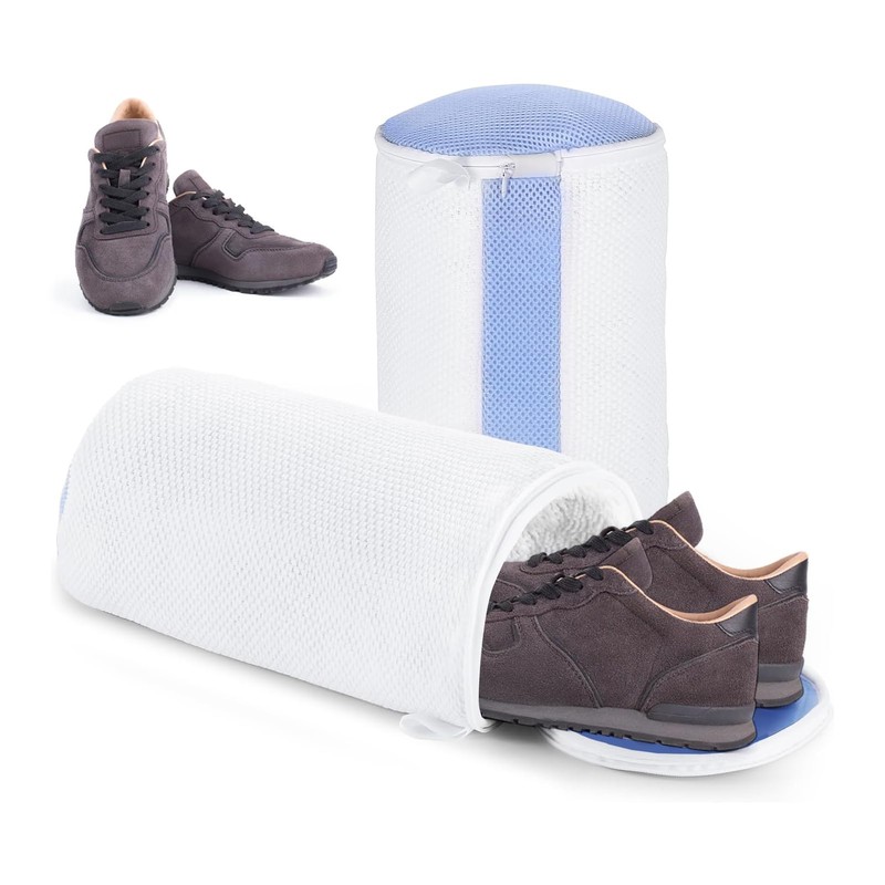 Shoe Washing Bag - White with Blue Mesh, Pair of
