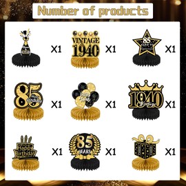 Happy 85th Birthday Decorations Supplies - 9 Pcs Black Gold 85th Table Honeycomb Centerpiece Decoration For Women Men Vintage Cheers To 85 Years Old 85th Birthday Party Anniversary Celebration Decor