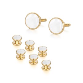 UJOY Mens Mother of Pearl Cufflinks and Studs Tuxedo Bottons Set Presentation Box Business Dress Parts for Wedding Party XDS15 Gold White