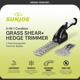 Sun Joe HJ604C 2-in-1 Cordless Grass Shear and Hedge Trimmer, 7.2V Handheld Electric Shrub Trimmer Grass Cutter, 1250 RPM Steel Blades, Rechargeable Lithium-Ion Battery and Charger Included