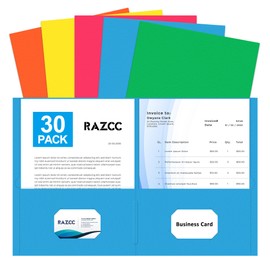 Two Pocket Folders, RAZCC 30 Pack File Folders with Pockets Fit Letter Size Paper, Thick Paper File Folder for School Office Business Home, Assorted 5 Colors