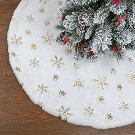 Mizijia Christmas Tree Blanket, 78 cm / 30 Inch Round White Plush Christmas Tree Skirt with Golden Sequins Snowflake, Thick and Soft Christmas Tree Skirt, Christmas Tree Blanket
