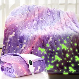 Kids Heated Blanket Glow in the Dark Children Heating Blanket Girl Boy Back First Day School Gift Electric with 10 Levels & 8 Hours Auto off Etl Certified Machine Washable(50"x60",Purple,Unicorn)